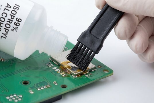 Gloved hand pouring 99 percent isopropyl alcohol onto a green circuit board to clean it with a brush
