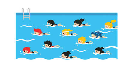 Naklejka premium Swimming pool with swimmers, vector illustration, flat design, for summer activities