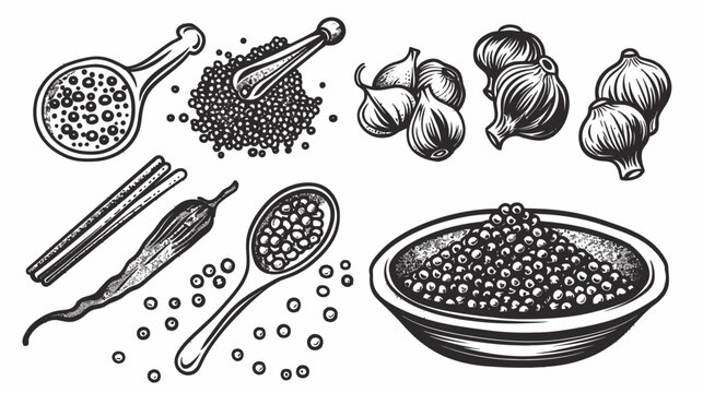 Black and white sketch of spices, ingredients, and measuring tools on a white backdrop