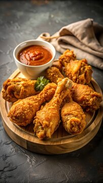 A photo of delicious crispy fried chicken drumsticks on a platter with dipping sauce, goldenbrown skin, tender meat, flavorful sauce, simple yet sati