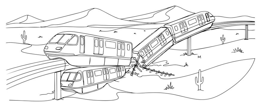 Modern Train Crash and Collision in Desert Landscape Railway Accident and Transportation Disaster Sketch