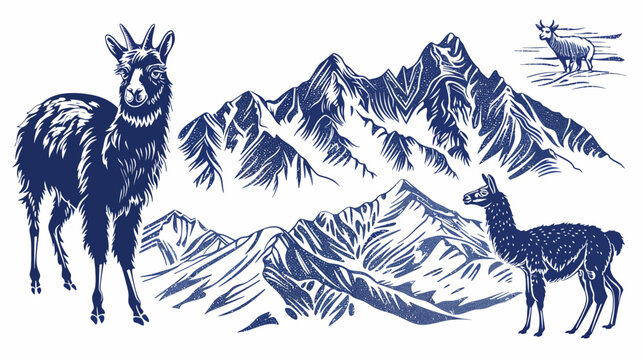 Monochrome illustration features mountain goats, mountains, and a llama. Created using linocut style