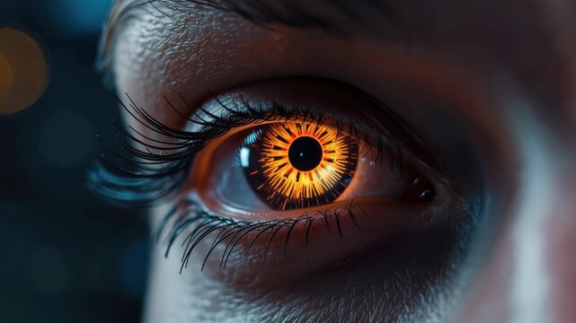 Glowing orange iris close up eye with dramatic eyelashes textured skin pupil and eyelash detail