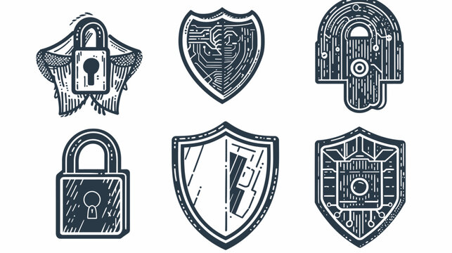 Black and white illustrations of security concepts, including locks and shields with technology elements