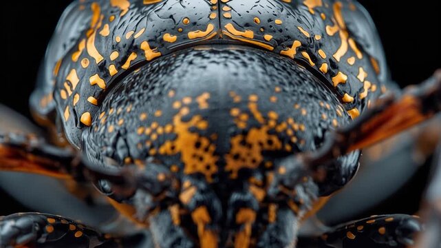 Macro close up of patterned orange black beetle shell with detailed mandible and dramatic lighting