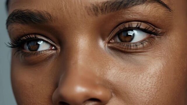 Close up face skin eye eyelid eyebrow close up portrait of brown skinned person with soft makeup
