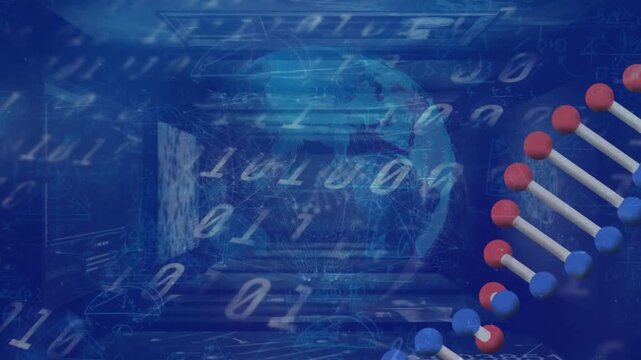 Animation of data processing, dna and globe on blue background
