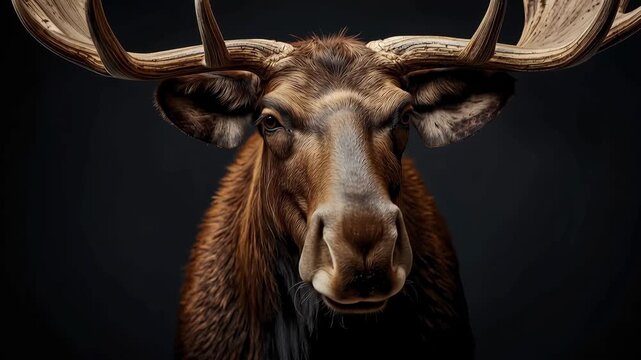 Majestic moose portrait close up brown fur antler wildlife textured dramatic lighting