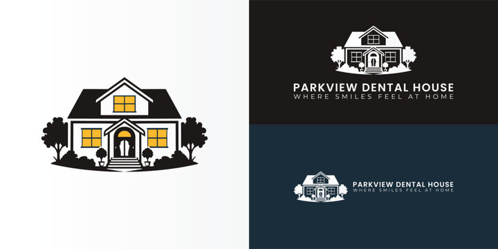 A minimalist dental logo featuring a welcoming house with soft lines and glowing windows, symbolizing comfort, trust, and care. Its balanced composition reflects an established, warm dental practice.