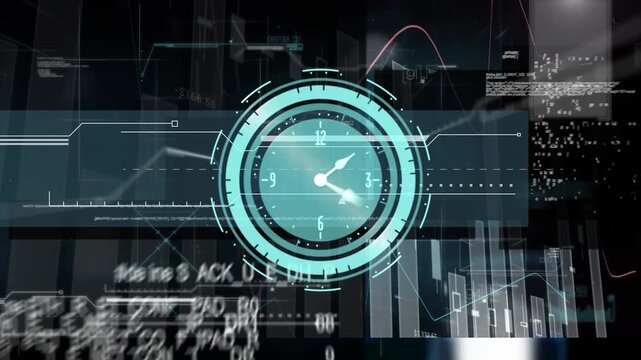 Neon ticking clock over digital interface with data processing against black background