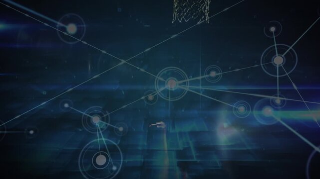 Animation of network of connections and light trails over basketball player