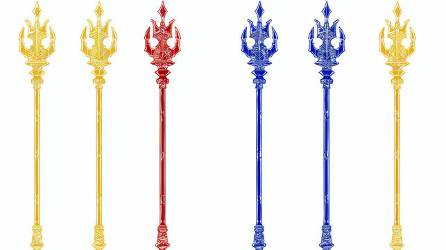 Six trident weapons in golden, red and blue hues on white. Illustration of ancient symbol