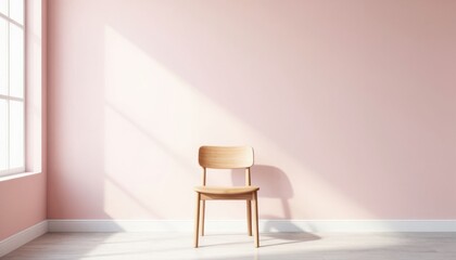 Fototapeta premium Minimalist wooden chair in soft pink room with natural light and empty space