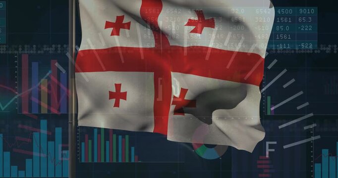 Animation of georgia flag over statistical data processing against blue background