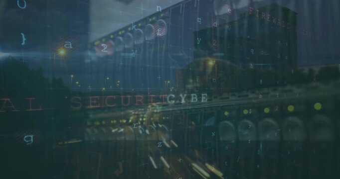 Animation of cyberattack warning and servers over cityscape