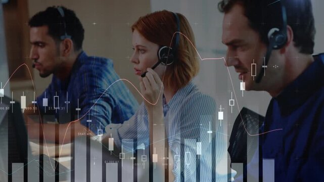 Animation of caucasian customer service operators using headsets in office, bar graph in foreground