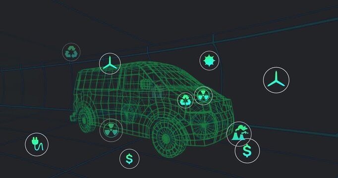Animation of eco icons floating over van project on black background