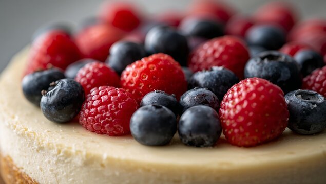 Fresh Berry Cheesecake Topped with Raspberries and Blueberries on Creamy Base
