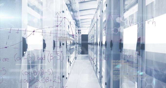 Shapes and data processing over server room against and technology background