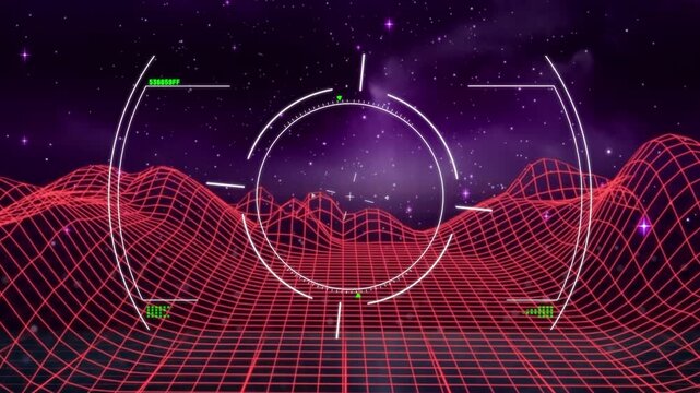 Animation of glitch effect over scope scanning and metaverse structures against space
