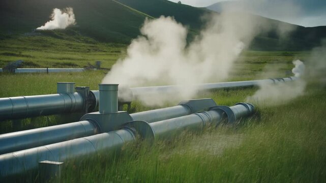 Rural Geothermal Pipeline Steam Emission Industrial Landscape