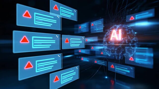 AI risk management concept with digital checklist, warning symbols and glowing neural interface, artificial intelligence oversight, cybersecurity control, automated