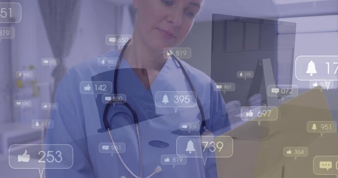 Animation of notification icons with numbers over female caucasian doctor holding folder