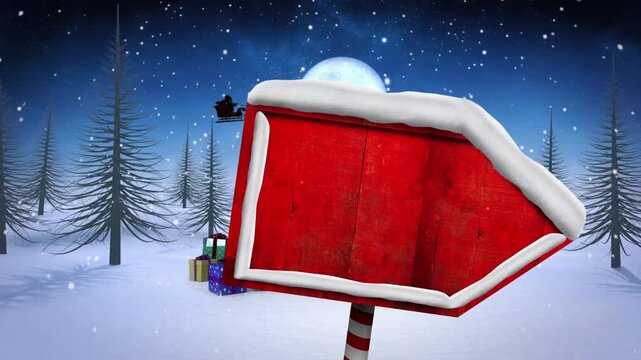 Animation of snow falling over red signboard with copy space against winter landscape