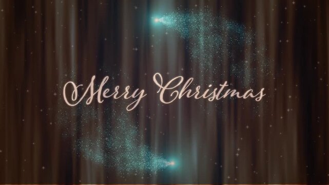 Animation of shooting stars over merry christmas text banner against textured brown background