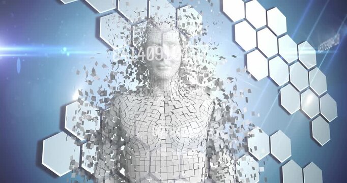 Animation of changing numbers over human body model and hexagonal shapes on blue background