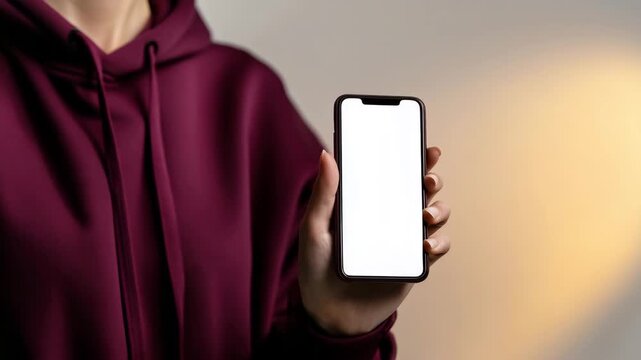 Blank smartphone screen in hands under purple and orange neon lighting, mobile application mockup, closeup of unrecognizable person in casual hoodie, modern communication technolog