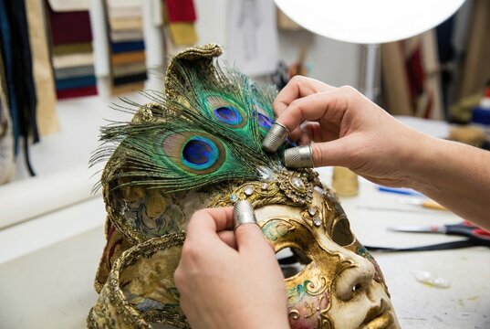 Artisan wearing thimbles decorating a golden Venetian carnival mask with peacock feathers