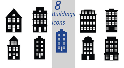 Obraz premium Modern buildings icons set featuring urban architecture skyscrapers apartments houses offices minimal flat design black silhouette vector collection