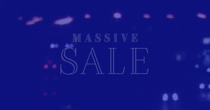 Animation of massive sale neon text banner against night city traffic