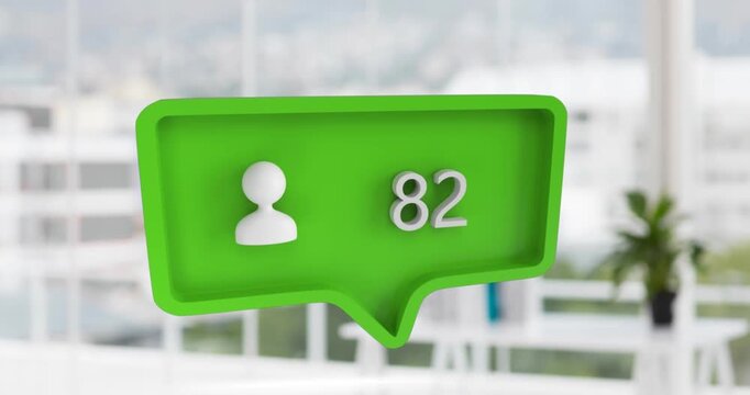 Animation of icon and changing numbers in speech bubble over modern city against glass window
