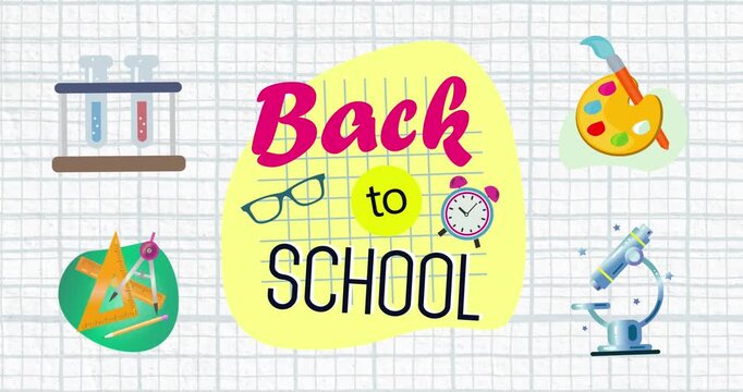 Animation of back to school text and school concept icons against square lined paper background