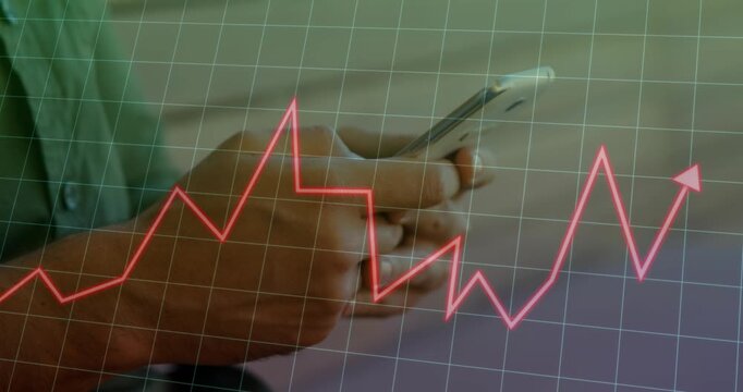Animation of arrow graph on grid pattern over midsection of caucasian man typing on cellphone