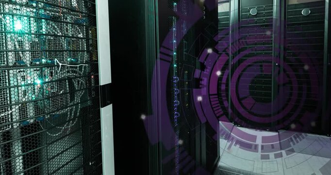 Animation of round scanner spinning against computer server room