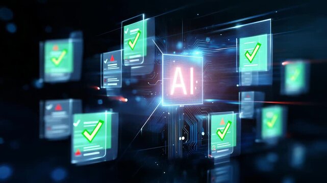 risk management concept with digital checklist, warning symbols and glowing neural interface, artificial intelligence oversight, cybersecurity control, automated compliance