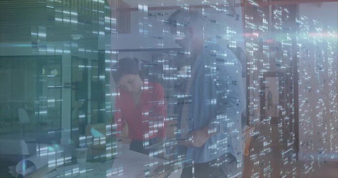 Designer and architect examining blueprints in office, overlaying digital code patterns for tech