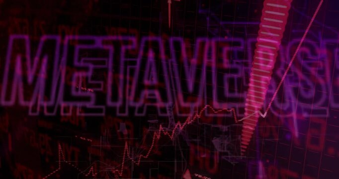 Ticker flickering starting graph rising, arrows forming, metaverse text brightening, showing growth
