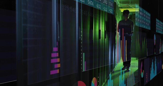 Data engineer stepping into data center and animating server rack overlays for monitoring trends