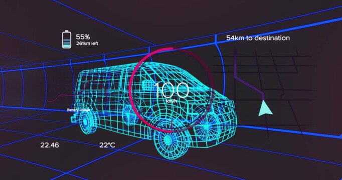Starting simulation, wireframe van varying speed in grid gauge sweeping visualizing speed data
