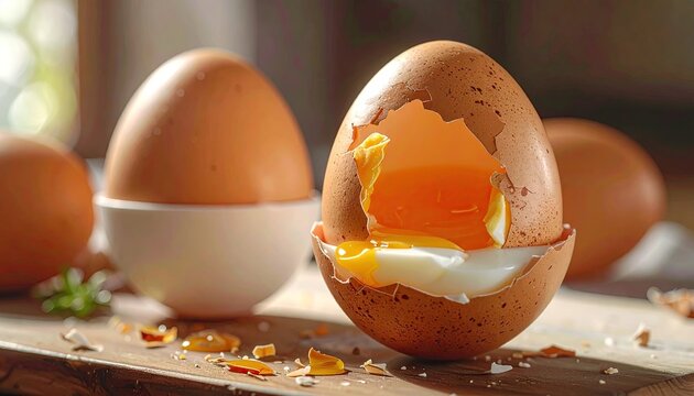Cracked Boiled Egg with Runny Yolk on Wooden Board