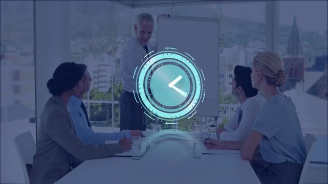Business presenter gesturing at flipchart clock pulsing then shrinking while writing for timing