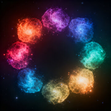 Abstract Cosmic Color Wheel with Eight Glowing Colorful Galaxies in Dark Space