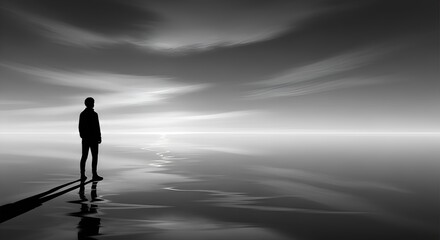 Obraz premium Silhouette of a man standing on a reflective surface, looking towards the horizon.