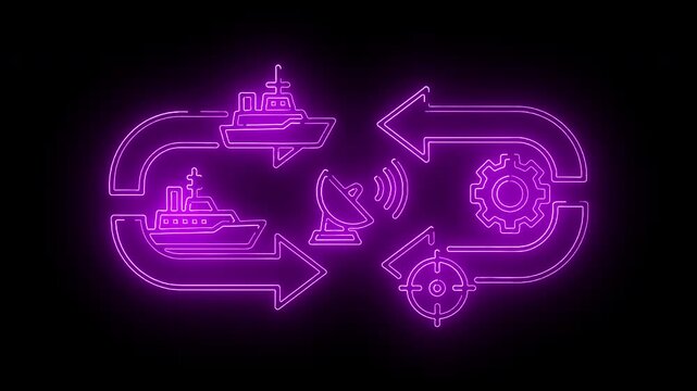 Neon purple graphic illustrating a cyclical process with industrial and transportation icons on a black background.