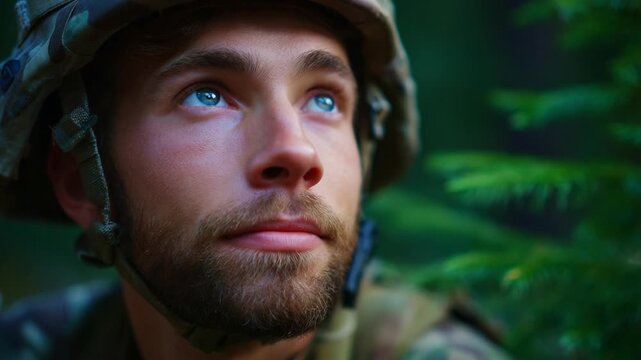 A soldier gazes upward, reflecting on thoughts amidst a serene forest backdrop, showcasing determination and resilience in a moment of calm contemplation.