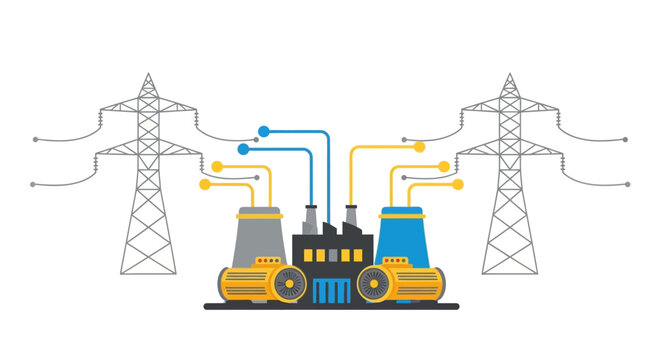 Industrial Power Plant with Cooling Towers and Transmission Lines. EPS Editable. Vector Illustrations.